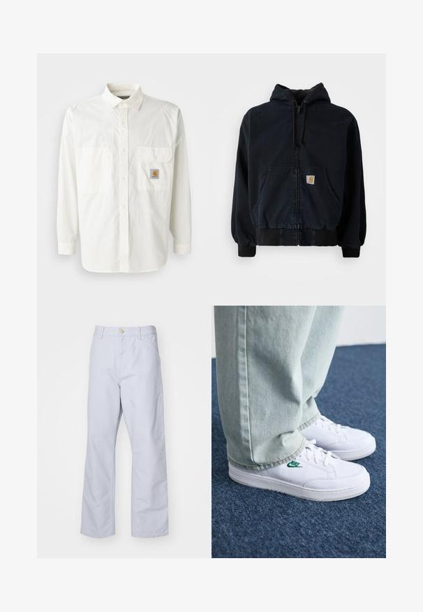 Hanorac negru cu fermoar, dotat cu buzunare frontale, glugă cu șnur, manșete și tiv din bumbac elastic, având un mic ecuson galben dreptunghiular pe buzunar.; Cămașă albă cu nasturi, fabricată din bumbac, cu mâneci lungi, guler clasic, două buzunare frontale și un patch cu logo-ul Carhartt.; Pantaloni drepți, de culoare albastru deschis, din bumbac. Au un buzunar frontal, fermoar și un singur nasture din metal la talie.; Adidași din piele albă cu logo-ul Nike verde, vârf rotund, talpă plată, asortați cu pantaloni din denim bleu deschis, prezentați pe un covor albastru.