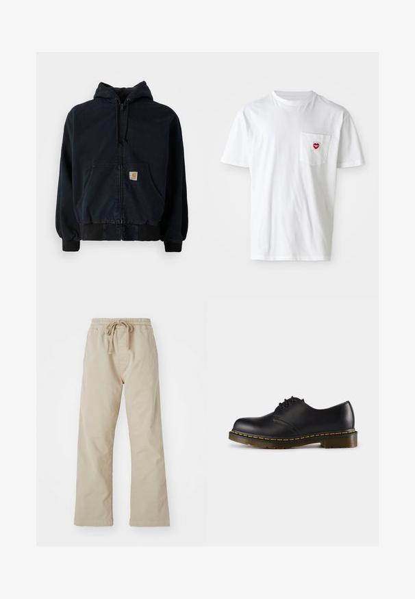 Svart zip-up hettegenser med frontlommer, snor i hetta, ribbestrikkede mansjetter og kant, med en liten rektangulær gul logopatch på lommen.; Hvit bomulls t-skjorte med rund hals og korte ermer. Har en liten rød hjerte-logo på venstre brystlomme.; Beige bomullsbukser med elastisk midje og snor. Rett ben-design, glatt tekstur, og ingen synlige mønstre eller detaljer.; Sorte skinnsko med rund tå, snøringsdesign, gul søm langs sålen og en kraftig, teksturert gummisåle.