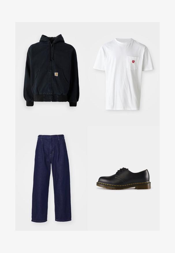 Černá zipová mikina s předními kapsami, kapucí na šňůrky, ribbovanými manžetami a lemem, s malou obdélníkovou žlutou nášivkou na kapse.; Bílá bavlněná trička s kulatým výstřihem a krátkými rukávy. Obsahuje malé červené srdíčko na levé kapse na hrudi.; Tmavě modré džíny z denimu, široký střih, vysoký pas, s knoflíkovým zapínáním a klasickým pětipocket designem. Hladká textura, jemné prošívání.; Černá kožená bota s kulatou špičkou, šněrovacím designem, žlutým prošíváním podél podrážky a chunky, texturovanou gumovou podrážkou.