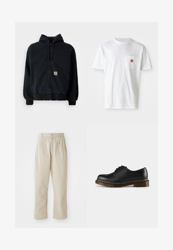 Czarna bluza z kapturem na zamek błyskawiczny, z kieszeniami z przodu, ze sznurkiem do regulacji kaptura, ściągaczami przy rękawach i u dołu, z małą prostokątną żółtą łatką z logo na kieszeni.; Biały bawełniany t-shirt z okrągłym dekoltem i krótkimi rękawami. Posiada małe czerwone logo serca na lewej kieszeni na piersi.; Beżowe, lekkie spodnie o luźnym kroju, z zakładkami z przodu, zapięcie na guzik i mankiety na końcach. Gładka tekstura, minimalistyczny design.; Czarna skórzana półbut z okrągłym noskiem, wiązany, z żółtym przeszyciem wzdłuż podeszwy i masywną, teksturowaną gumową podeszwą.
