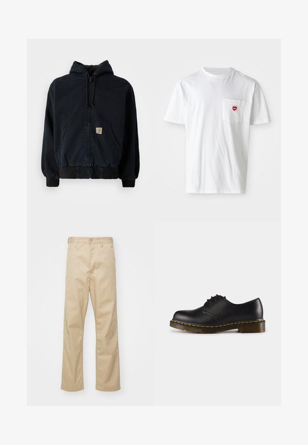 Schwarze Zip-Hoodie mit Fronttaschen, Kordelzugkapuze, gerippten Bündchen und Saum, mit einem kleinen rechteckigen gelben Logo-Patch auf der Tasche.; Weißes Baumwoll-T-Shirt mit rundem Halsausschnitt und kurzen Ärmeln. Verfügt über ein kleines rotes Herzlogo auf der linken Brusttasche.; Beige Baumwollhose mit geradem Bein, ausgestattet mit einem Knopfverschluss vorne, Gürtelschlaufen und zwei Seitentaschen. Glatte Textur.; Schwarzer Lederschuh mit abgerundeter Zehenpartie, Schnürdesign, gelbe Stickerei entlang der Sohle und einer kräftigen, strukturierten Gummisohle.