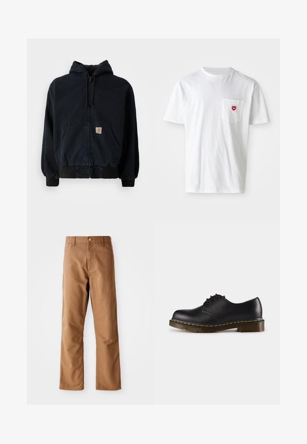Felpa nera con zip, tasche frontali, cappuccio con cordino, polsini e orlo a costine, dotata di una piccola patch gialla rettangolare sul taschino.; T-shirt bianco in cotone con scollatura rotonda e maniche corte. Presenta un piccolo logo a forma di cuore rosso sul taschino sinistro.; Pantaloni marroni a gamba dritta con passanti per cintura, tasche anteriori, chiusura con bottone e zip su sfondo bianco.; Scarpa in pelle nera con punta arrotondata, design con lacci, cuciture gialle lungo la suola e suola in gomma spessa e testurizzata.