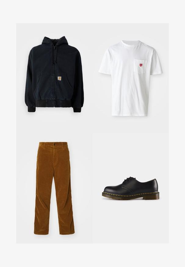 Black zip-up hoodie with front pockets, drawstring hood, ribbed cuffs and hem, featuring a small rectangular yellow logo patch on the pocket.; White cotton t-shirt with a round neckline and short sleeves. Features a small red heart logo on the left chest pocket.; Carhartt WIP SINGLE KNEE PANT - Trousers - deep brown rinsed; Black leather shoe with rounded toe, lace-up design, yellow stitching along the sole, and a chunky, textured rubber outsole.