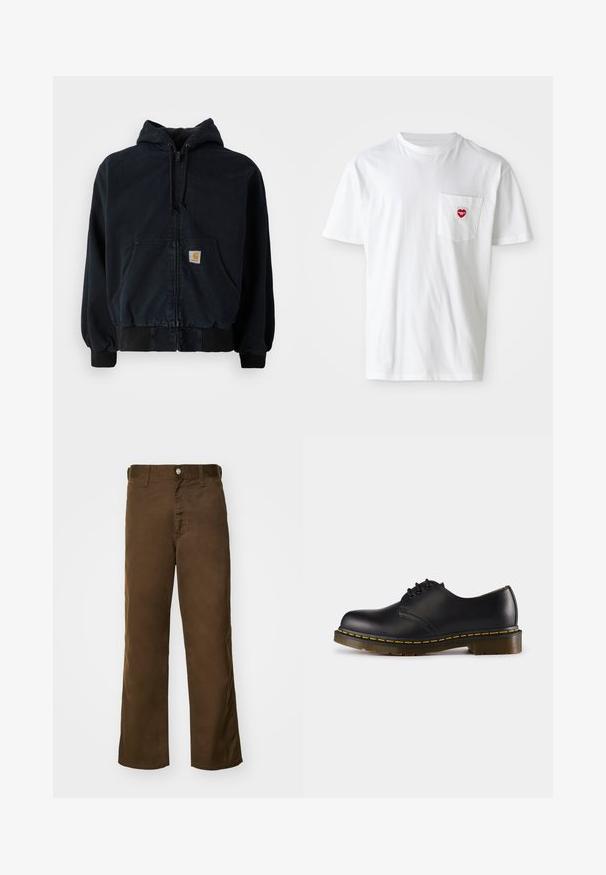 Zwarte hoodie met ritssluiting, voorzakken, capuchon met trekkoord, geribbelde manchetten en onderrand, met een klein rechthoekig geel logo-opdruk op de zak.; Witte katoenen T-shirt met een ronde hals en korte mouwen. Bevat een klein rood hartlogo op de linkerkant van de borstzak.; Bruine, rechte broek gemaakt van zachte stof met een gladde textuur, met een sluiting met een voorknop en klassieke riemlussen.; Zwarte leren schoen met een ronde neus, vetersluiting, gele stiksels langs de zool en een stevige, geprofileerde rubberen buitenzool.