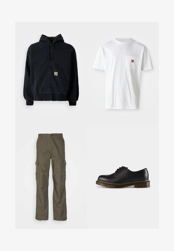 Čierna mikina na zips s prednými vreckami, s kapucňou na šnúrku, rebrovanými manžetami a lemom, s malou obdĺžnikovou žltou nášivkou na vrecku.; Biela bavlnená tričko s okrúhlym výstrihom a krátkymi rukávmi. Na ľavej strane na vrecku na hrudi sa nachádza malé červené srdiečko.; Olivové cargo nohavice s rovnýcm strihom, vyrobené z textúrovanej látky. Obsahujú veľké bočné vrecká a zapínanie na gombík.; Čierna kožená topánka s okrúhlou špičkou, šnurovací dizajn, žlté prešívanie pozdĺž podrážky a masívna, textúrovaná gumová podrážka.