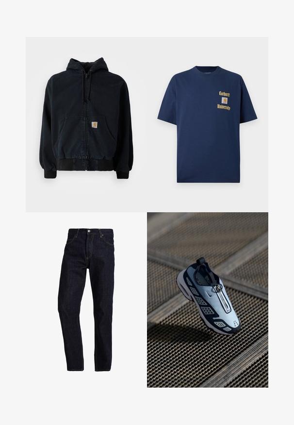 Fekete cipzáros kapucnis pulóver elülső zsebekkel, húzózsinóros kapucnival, bordázott mandzsettával és aljjal, egy kis téglalap alakú sárga logóval a zseben.; Sötétkék pamut póló rövid ujjal, arany színű "Carhartt University" felirattal és logóval a bal mellen.; Sötétkék farmernadrág egyenes szabással, sárga varrással, öt zsebbel, valamint klasszikus gombos és cipzáras záródással.; A Nike sportcipő slip-on dizájnal rendelkezik, világoskék felsőrésszel, fekete kiegészítőkkel és perforált oldallapokkal. Lekerekített orr és texturált talp jellemzi.