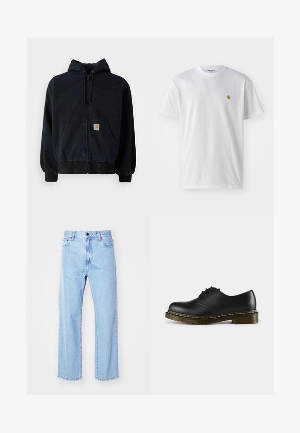 Fekete cipzáros kapucnis pulóver elülső zsebekkel, húzózsinóros kapucnival, bordázott mandzsettával és aljjal, egy kis téglalap alakú sárga logóval a zseben.; Fehér pamut póló rövid ujjakkal, kerek nyakkal, bal mellel egy kis arany logóval. Puha tapintású és normál fazonú.; Világoskék farmernadrág egyenes lábbetéttel, magas derékkal, öt zsebes kialakítással, valamint klasszikus gombos és cipzáras záródással.; Fekete bőr cipő lekerekített orral, fűzős kialakítással, sárga varrással a talp mentén és masszív, texturált gumi talppal.