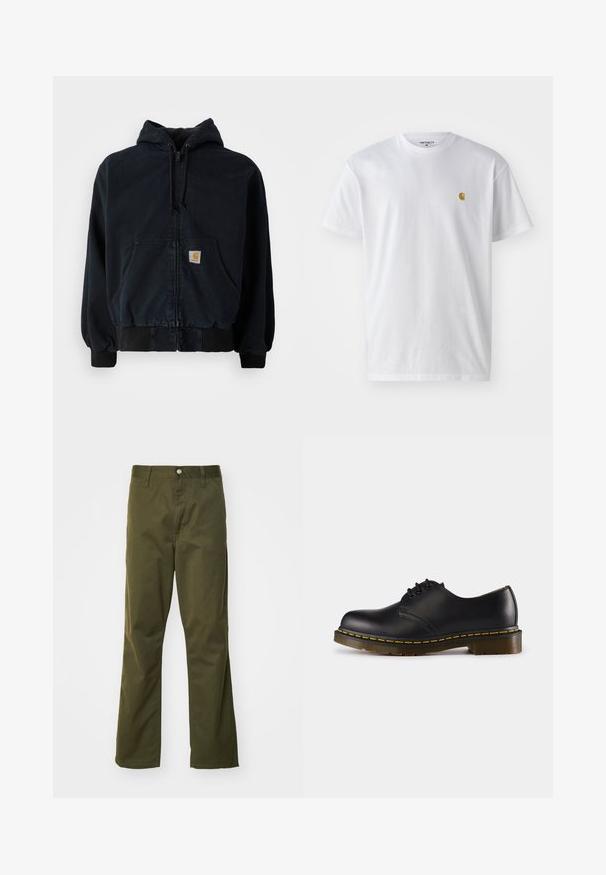 Sort zip-up hoodie med frontlommer, snørelukning i hætten, ribbede manchetter og kant, med et lille rektangulært gult logo-patch på lommen.; Hvid bomulds t-shirt med korte ærmer, rund hals og et lille guld logo på venstre brystområde. Blød tekstur og almindelig pasform.; Olivengrønne bomuldsbukser med lige ben-design. Har front lukning med knap og klassisk fem-lommestil.; Sort lædersko med rund tå, snørebåndsdesign, gul syning langs sålen og en kraftig, tekstureret gummisål.