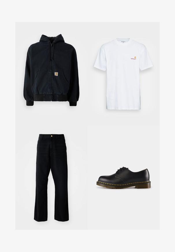 Černá zipová mikina s předními kapsami, kapucí na šňůrky, ribbovanými manžetami a lemem, s malou obdélníkovou žlutou nášivkou na kapse.; Bílé bavlněné tričko s krátkým rukávem. Navrženo s malým oranžovým a vínovým logem na levé části hrudi. Obsahuje klasický kulatý výstřih.; Černé džíny s volným střihem, s zlatým knoflíkem, pěti kapsami a rovnými nohavicemi. Hladká textura.; Černá kožená bota s kulatou špičkou, šněrovacím designem, žlutým prošíváním podél podrážky a chunky, texturovanou gumovou podrážkou.