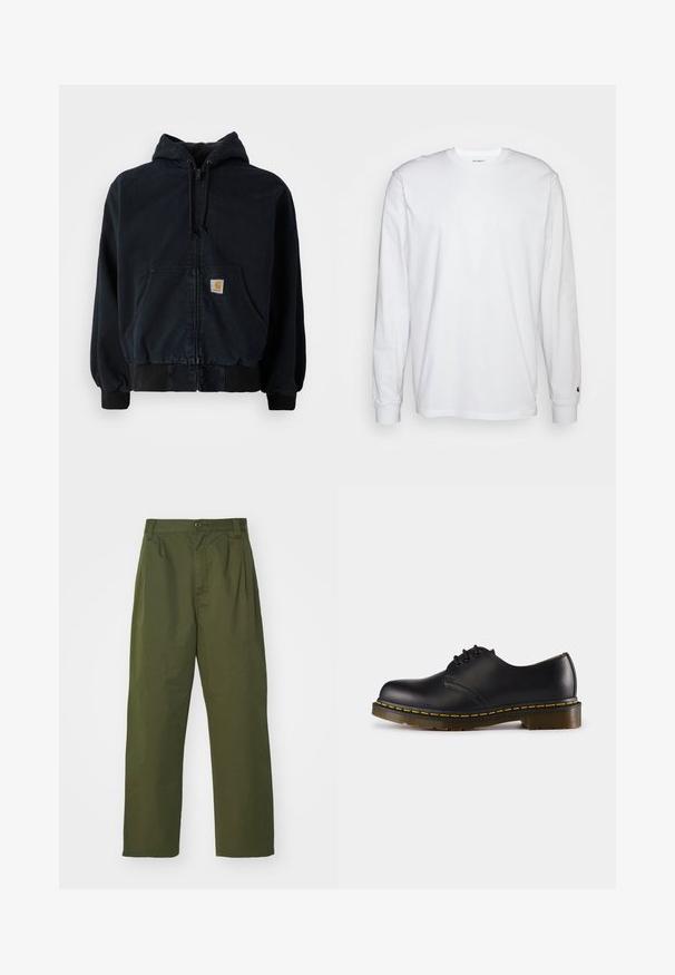 Crna majica s kapuljačom na patent, s prednjim džepovima, kapuljačom s vezicom, rebrastim manžetama i rubom, koja ima malu pravokutnu žutu oznaku na džepu.; Bijela dugopruga majica s dugim rukavima od pamuka. Dizajn s okruglim izrezom, rebrastim manžetama i malim logotipom na lijevom rukavu. Glatka tekstura.; Maslinasto zelene hlače viskog struka s ravnim nogavicama. Izrađene od lagane tkanine, s prednjim nabranim detaljima i zatvaranjem na dugme.; Crna kožna cipela s zaobljenim prstom, dizajnom na vezivanje, žutim šavovima duž pete i debelim, teksturiranim gumiranim đonom.