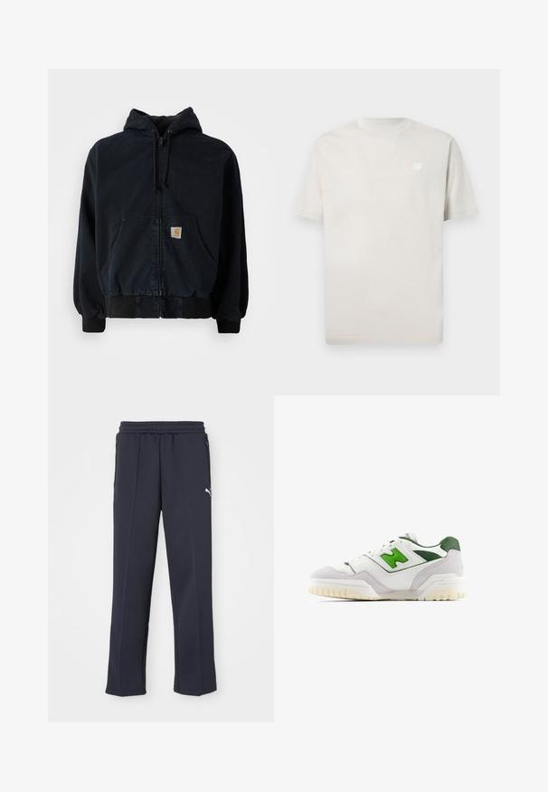 Mustat vetoketjulliset hupparit, joissa on etutaskut, kiristettävä huppu, uurrettu hihansuu ja helma, jossa on pieni suorakulmainen keltainen logopatch taskussa.; New Balance ESSENTIALS - T-paita - grey; Urheiluhousut tummansinisestä pehmeästä kankaasta, joissa on naru vyötäröllä, sivuilla vetoketjulliset taskut ja huomaamaton valkoinen logo vasemmassa jalassa.; Valkoiset tennarit vihreillä yksityiskohdilla, valmistettu nahasta ja mokasta. Ominaisuuksiin kuuluu teksturoitu päällinen, pehmustettu varsi ja kumipohja, jossa näkyvät urat.