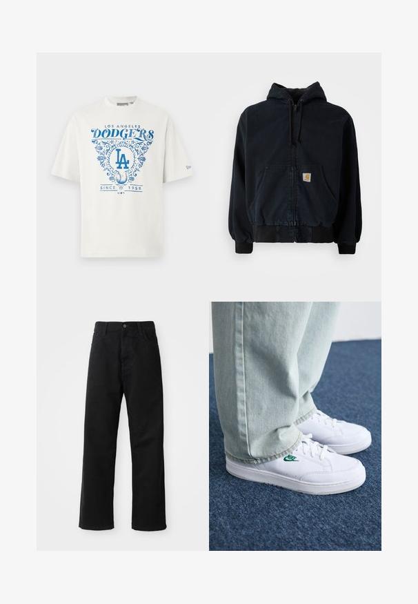 Črn zip-up huppar s sprednjimi žepi, z vrvico na kapuci, rebrastimi manšetami in spodnjim robom, ki ima majhno pravokotno rumeno nalepko na žepu.; Bela bombaža majica s plavim grafičnim napisom "LOS ANGELES DODGERS" in "SINCE 1958" z cvetličnimi poudarki in logotipom "LA" v središču.; Črni kavbojki z ravnim krojem, ki imajo sprednje žepke, zadrgo in en zgornji gumb. Teksturovan material z mat zaključkom.; Bela usnjena športna obutev z zelenim Nike logotipom, okrogla konica, ravna podplat, v kombinaciji z svetlo modrimi kavbojkami, prikazana na modrem preprogu.