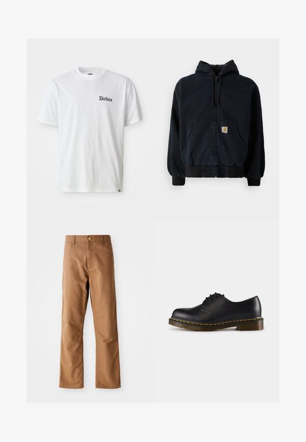 Sudadera negra con cremallera, con bolsillos frontales, capucha con cordón, puños y dobladillo acanalados, que presenta un pequeño parche rectangular amarillo en el bolsillo.; Camiseta de algodón blanca con mangas cortas y cuello redondo. Presenta el logo negro de "Dickies" impreso en la parte izquierda del pecho.; Pantalones rectos marrones con pasadores para cinturón, bolsillos frontales, cierre de botón y cremallera sobre un fondo blanco.; Zapato de cuero negro con punta redondeada, diseño de cordones, costuras amarillas a lo largo de la suela y suela de goma gruesa y texturizada.