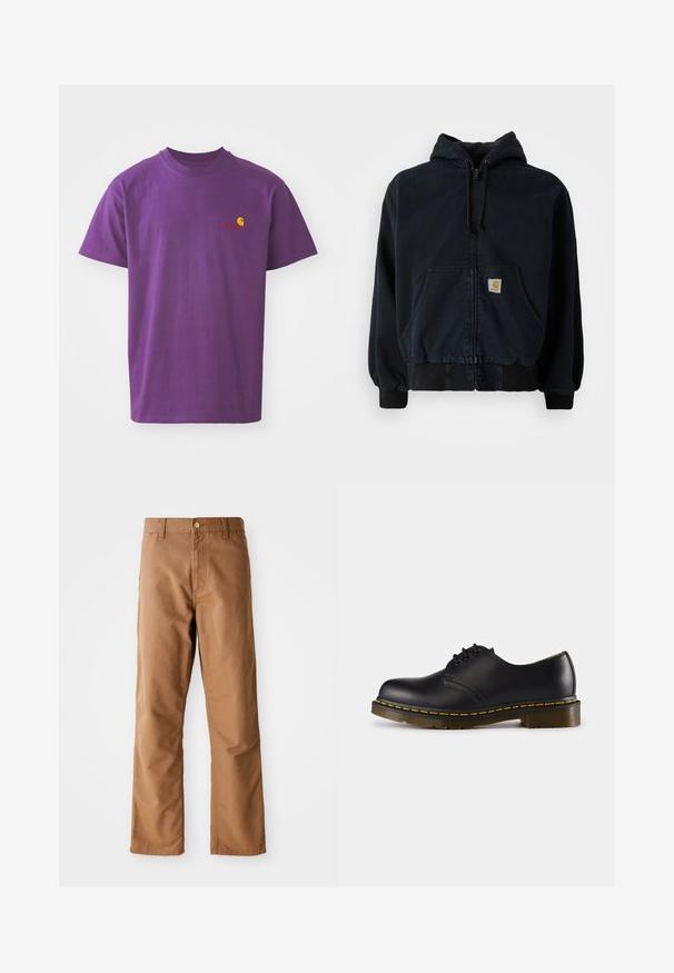 Czarna bluza z kapturem na zamek błyskawiczny, z kieszeniami z przodu, ze sznurkiem do regulacji kaptura, ściągaczami przy rękawach i u dołu, z małą prostokątną żółtą łatką z logo na kieszeni.; Fioletowa bawełniana koszulka z okrągłym dekoltem. Posiada małe żółto-czerwone logo po lewej stronie klatki piersiowej. Krótkie rękawy, standardowy krój.; Brązowe spodnie proste z paskiem, z przelotkami na pasek, przednimi kieszeniami, zapięciem na guzik i zamkiem błyskawicznym na białym tle.; Czarna skórzana półbut z okrągłym noskiem, wiązany, z żółtym przeszyciem wzdłuż podeszwy i masywną, teksturowaną gumową podeszwą.