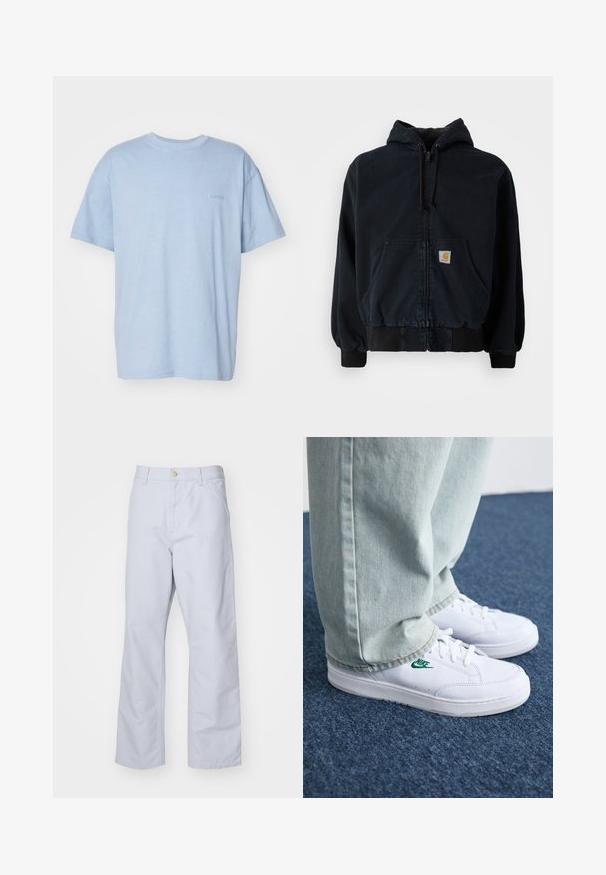 Felpa nera con zip, tasche frontali, cappuccio con cordino, polsini e orlo a costine, dotata di una piccola patch gialla rettangolare sul taschino.; T-shirt in cotone azzurro chiaro con maniche corte, scollo rotondo e un piccolo logo ricamato sul davanti. Texture morbida, vestibilità rilassata.; Pantaloni dritti blu chiaro in cotone. Presentano una tasca frontale, una cerniera e un singolo bottone di metallo in vita.; Sneakers in pelle bianca con logo Nike verde, punta rotonda, suola piatta, abbinati a pantaloni in denim azzurro, mostrati su un tappeto blu.