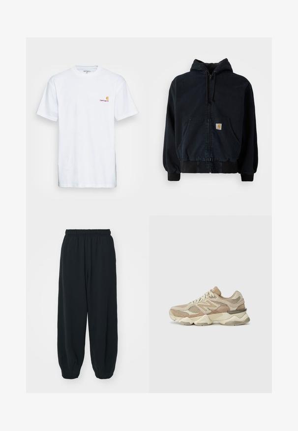 Crna majica s kapuljačom na patent, s prednjim džepovima, kapuljačom s vezicom, rebrastim manžetama i rubom, koja ima malu pravokutnu žutu oznaku na džepu.; Bijela pamučna majica s kratkim rukavima. Dizajnirana s malim narančastim i tamnocrvenim logom na lijevoj strani prsne šupljine. Ima klasični okrugli izrez.; Crne, dukserice s elastičnim strukom, širokog kroja, s manžetama na gležnjevima, glatke teksture i bez vidljivih uzoraka ili metalnih detalja.; Bež športne tenisice s mrežastim in zamškim materialom, okrogel nosek, debele podplate in opazni odsevni poudarki na strani.