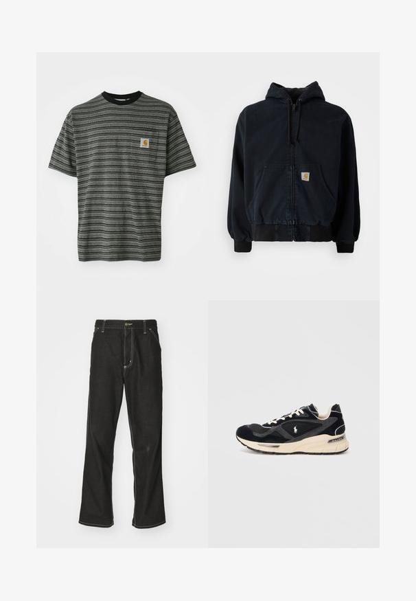 Sudadera negra con cremallera, con bolsillos frontales, capucha con cordón, puños y dobladillo acanalados, que presenta un pequeño parche rectangular amarillo en el bolsillo.; Camiseta de manga corta a rayas en gris y negro, con cuello redondo y un pequeño parche de logo en el pecho. Tejido suave y texturizado.; Jeans de mezclilla negra con un corte holgado, que cuentan con costuras blancas contrastantes, cierre de botón y un diseño de pierna recta.; Zapatillas negras y grises con suela y cordones crema, que cuentan con un pequeño logo de un caballo blanco y la marca "Ralph Lauren" en el talón.