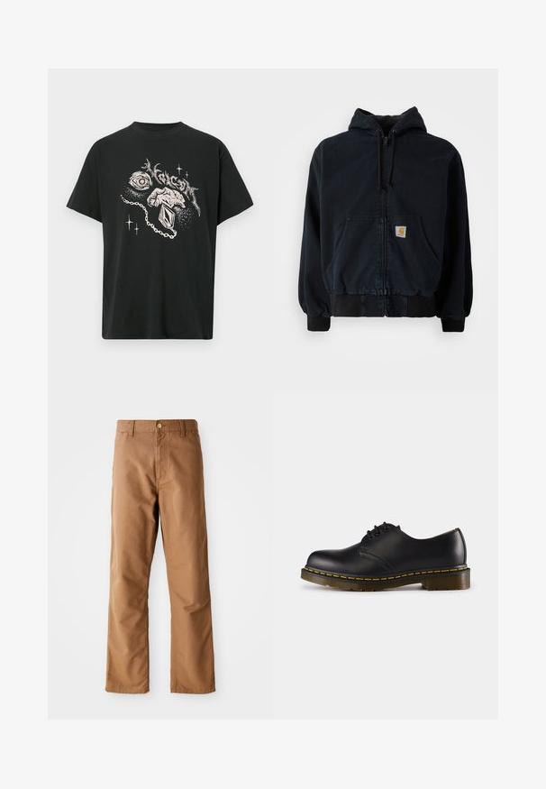 Sort zip-up hoodie med frontlommer, snørelukning i hætten, ribbede manchetter og kant, med et lille rektangulært gult logo-patch på lommen.; Sort t-shirt med hvid grafik af et øje, en hånd der holder et vedhæng, abstrakte former og stiliseret tekst ovenfor.; Brune lige ben bukser med bæltestropper, forlommer, knaplukning og lynlåsgylp på hvid baggrund.; Sort lædersko med rund tå, snørebåndsdesign, gul syning langs sålen og en kraftig, tekstureret gummisål.