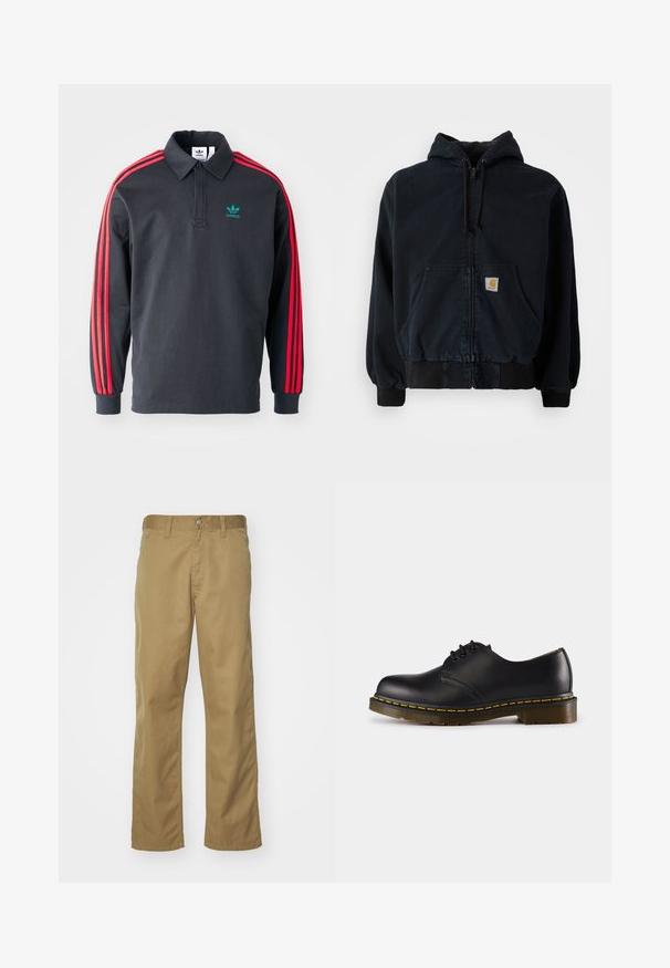 Sweatshirt preta com fecho éclair, bolsos frontais, capuz com cordão, punhos e bainha canelados, apresentando um pequeno patch retangular amarelo no bolso.; Polo preto de manga longa feito de algodão, com detalhes em vermelho de três riscas nas mangas e um logótipo bordado em teal no peito.; Chinos caqui com um design de perna reta, feitos de tecido de algodão suave. Apresentam um fecho frontal com botão e bolsos laterais.; Shoe preto de couro com biqueira arredondada, design de atacador, costura amarela ao longo da sola e uma sola de borracha texturizada e robusta.