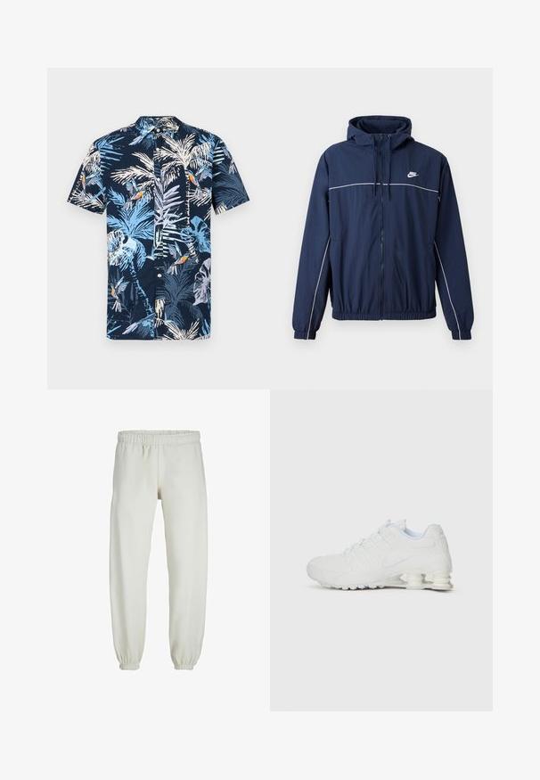 Granatowa kurtka z kapturem z białym akcentem, z zamkiem błyskawicznym, elastycznymi mankietami i pasem; posiada małe logo Nike na piersi.; Koszula z krótkim rękawem na granatowym tle z tropikalnym wzorem jasnoniebieskich liści palmowych i kolorowych ptaków. Kołnierzyk zapinany na guziki.; Białe dresy wykonane z miękkiego materiału, z elastycznym pasem i mankietami, o gładkiej fakturze i luźnym kroju.; Białe buty sportowe z gładką syntetyczną cholewką, teksturowanymi akcentami i charakterystycznym segmentowanym obcasem dla absorpcji wstrząsów. Związane sznurówki.