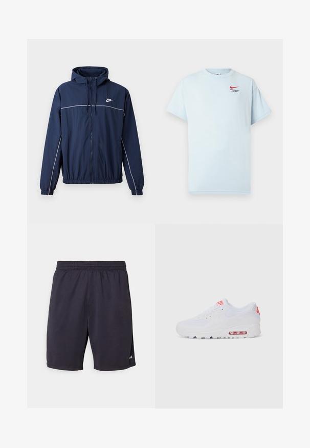 Tumedat sinine kapuutsiga jakk, millel on valge accenttriip, tõmblukuga sulgemine, elastsed varrukaotsad ja vöökoht; rinnal on väike Nike logo.; Hele sinine puuvillane T-särk lühikeste varrukatega, ümmarguse kaelusega ja punane Nike swoosh logo. Tekst kõlab: "SPORT RIKK. LIHTSALT TEHA."; Tumed lühikesed püksid kergest kangast, millel on elastne vöökoht, pehme sära ja külje lõhed liikumise mugavuse jaoks.; Valged spordijalatsid, millel on sile pealis, seotud lipsud, pehmendusega tallad ja nähtav õhükamber, mille brändimisel on punased aktsendid.