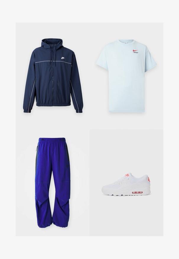 Tumši zils kapuci mēteli ar baltu akcenta joslu, ar rāvējslēdzēju, elastīgām aprocēm un jostu; uz krūšu daļas ir neliels Nike logotips.; Gaiši zils kokvilnas T-krekls ar īsām piedurknēm, apaļu kaklu un sarkano Nike swoosh logo. Uzraksts: "SPORTA NODAĻA. TIKAI DARI TO."; Violet sporta bikses ar elastīgu jostu, ar rāvējslēdzēju sānu kabatām un leņķiskiem paneļiem. Tām ir matēta tekstūra un kontrastējoši tumši akcenti.; Baltas sporta apavi ar gludu augšdaļu, saitēm, mīkstu zoli un redzamu gaisa vienību ar sarkaniem akcentiem uz zīmola.