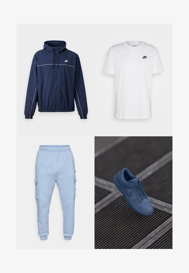 Marineblaues Kapuzensweatshirt mit weißem Akzentstreifen, Reißverschluss, elastischen Bündchen und elastischem Saum; verfügt über ein kleines Nike-Logo auf der Brust.; Weißes Baumwoll-T-Shirt mit Rundhalsausschnitt, kurzen Ärmeln und einem schwarzen Nike-Logo auf der linken Brust. Einfaches, einfarbiges Design.; Helle blaue Fleece-Cargo-Jogger mit elastischem Bund, seitlichen Klappentaschen und Bündchen an den Knöcheln auf weißem Hintergrund.; Blaue Wildledersneaker mit glatter Oberfläche, durchlässigem Zehenbereich und passenden Schnürsenkeln. Verfügt über ein gesticktes Nike-Logo und eine strukturierten Gummisohle.
