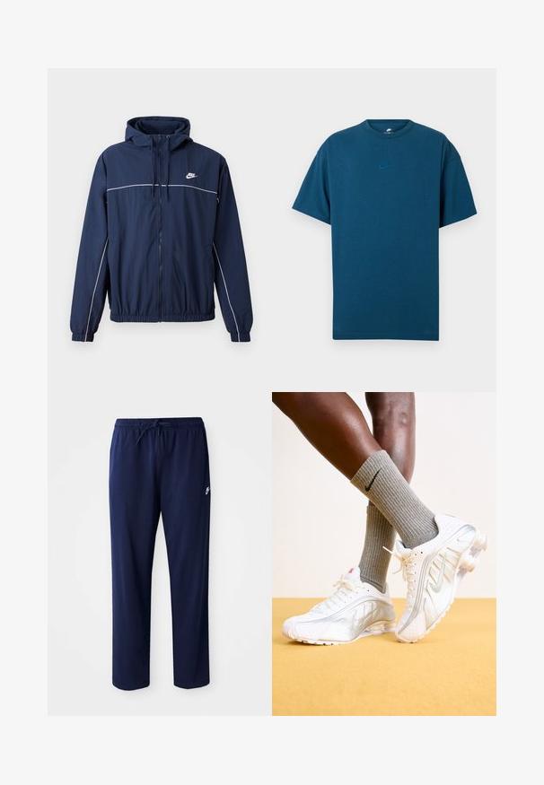 Navy blue hooded jacket with white accent stripe, zip closure, elastic cuffs, and waistband; features a small Nike logo on the chest.; Blue cotton T-shirt featuring short sleeves, a crew neckline, and a small, light blue Nike logo on the chest. Soft texture, relaxed fit.; Navy blue, lightweight jogger pants made of cotton blend fabric. Features a drawstring waistband and a small logo on the left side.; Nike sneakers in white with silver accents, featuring textured panels and perforations. Paired with gray ribbed socks, set against a yellow background.