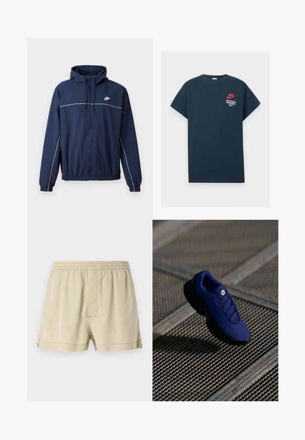 Navy blue hooded jacket with white accent stripe, zip closure, elastic cuffs, and waistband; features a small Nike logo on the chest.; Navy blue cotton t-shirt with short sleeves. Features a red Nike logo and white text "AUTHORIZED PERSONNEL ONLY" on the left chest.; Beige shorts made of lightweight fabric with an elastic waistband, flat front, and side seams. Features subtle texture and no pockets.; Blue athletic shoe with a textured upper, black sole, and laces. Features "air" branding on the tongue and visible air cushioning elements.