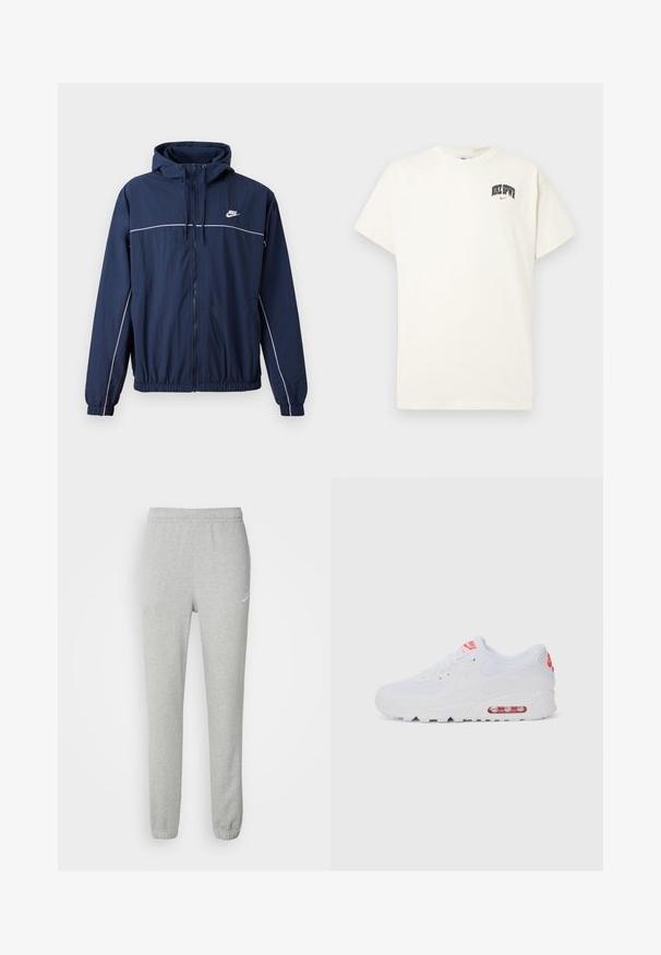 Mørkeblå hettegenser med hvit stripe, glidelås, elastiske mansjetter og midjebånd; har en liten Nike-logo på brystet.; Kremfarget bomull t-skjorte med korte ermer, med "NIKE SB" i svart og rødt trykk på brystet. Standard rund halslinning.; Grå joggebukser laget av myk stoff, med elastisk midjebånd og mansjetter, med en liten blå Nike-logo på forsiden.; Hvite atletiske joggesko med glatt overdel, snøring, polstret såle og synlig luftenhet med røde detaljer på merket.