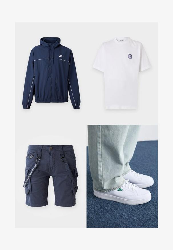 Navy blue hooded jacket with white accent stripe, zip closure, elastic cuffs, and waistband; features a small Nike logo on the chest.; White cotton t-shirt with short sleeves, round neckline, and a small, embroidered blue "C" logo on the left chest area.; Navy blue cargo shorts made of cotton blend fabric, featuring multiple pockets, adjustable straps, and a woven label with text accents.; White leather sneakers with green Nike logo, round toe, flat sole, paired with light blue denim pants, shown on a blue carpet.