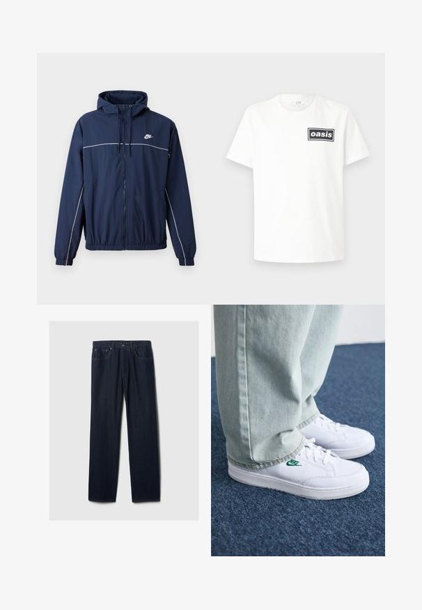 Navy blue hooded jacket with white accent stripe, zip closure, elastic cuffs, and waistband; features a small Nike logo on the chest.; White cotton t-shirt featuring a black rectangular logo with the word "oasis" centered. Short sleeves and a classic crewneck design.; Dark blue straight-leg denim jeans with five-pocket design, button closure, and visible stitching on a plain light background.; White leather sneakers with green Nike logo, round toe, flat sole, paired with light blue denim pants, shown on a blue carpet.