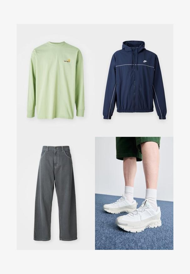 Casaco com capuz azul-marinho, com faixa branca de destaque, fecho de correr, punhos elásticos e cintura elástica; apresenta um pequeno logótipo da Nike no peito.; T-shirt de manga longa em algodão verde claro com gola redonda, apresentando um pequeno logotipo laranja e castanho na área do peito esquerdo.; Calças largas de ganga cinza com cintura alta, apresentando bolsos frontais, passantes para cinto e um fecho de botão na cintura.; Sapatos atléticos brancos com sobreposições texturizadas, sola espessa e detalhes em cinza. Usados com meias brancas até ao tornozelo e calções verdes sobre uma superfície azul.