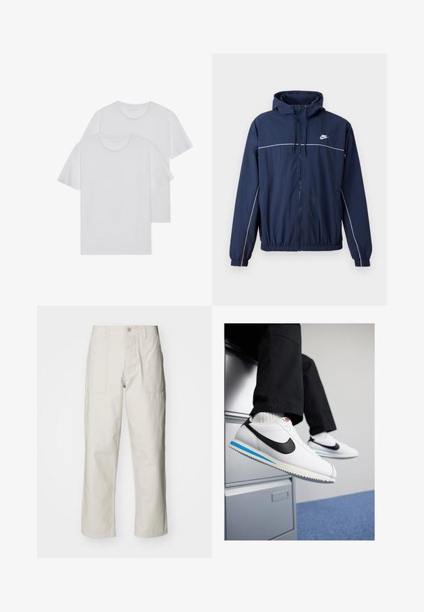 Tummansininen hupullinen takki, jossa on valkoinen korostusraidalla, vetoketju, joustavat hihansuut ja vyötärö; takissa on pieni Nike-logo rinnassa.; Kaksi valkoista puuvillapaitaa, joissa on pyöreä kaula-aukko, lyhyet hihat ja pehmeä tekstuuri. Molemmissa on tasainen väri ilman näkyviä kuvioita tai varusteita.; Harmaat vaaleat leveät housut, jotka on valmistettu puuvillasta. Varustettu etutaskuilla ja nappikiinnityksellä. Sujuva rakenne, jossa on hienovaraisia pystysuoria viivoja.; Valkoiset nahkakengät, joissa on musta Nike-logomerkki, vaaleansininen ja harmaa kumipohja sekä klassinen nauhakiinnitys. Jalat lepäävät asiakirjakaapilla.