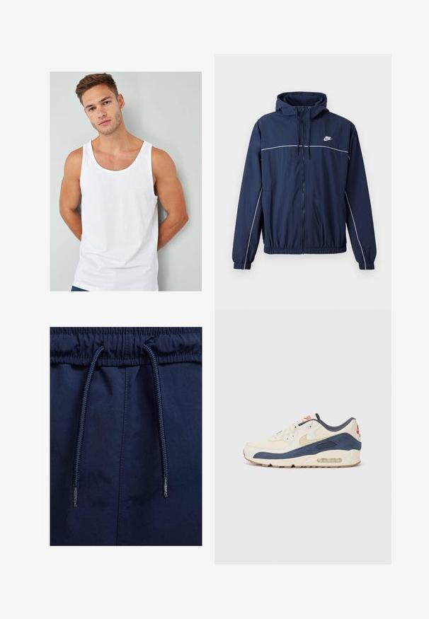 Marineblauwe hoodie-jack met witte accentstripe, ritssluiting, elastische manchetten en tailleband; voorzien van een klein Nike-logo op de borst.; Witte katoenen tanktop met een ronde hals en brede armgaten, getoond op een model tegen een lichtgrijze achtergrond.; Marineblauwe pull-on shorts met een elastische tailleband, voorzien van een gestructureerd trekkoord en een gladde stof.; Sneakers met een crème leren en marineblauwe suède bovenkant, voorzien van een zichtbare luchtzool, beige rubberen buitenzool en een rode accent op de hiel.