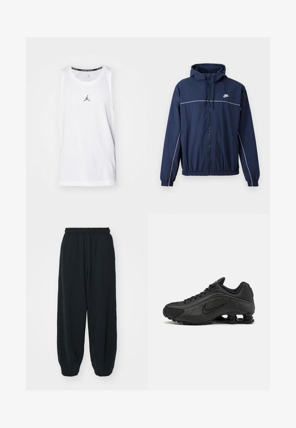 Σκούρο μπλε μπουφάν με κουκούλα, με λευκή λωρίδα τόνωσης, κλείσιμο με φερμουάρ, ελαστικούς καρπούς και μέση; διαθέτει ένα μικρό λογότυπο Nike στο στήθος.; Λευκό αθλητικό αμάνικο τοπ με διάτρητο ύφασμα, στρογγυλή λαιμόκοψη και μαύρο λογότυπο Jordan στο στήθος. Αμάνικο σχέδιο, ελαφρύ υλικό.; Μαύρες, φόρμες με ελαστική μέση και χαλαρή εφαρμογή, με ρεβέρ στους αστραγάλους, λεία υφή και χωρίς ορατά μοτίβα ή αξεσουάρ.; Μαύρα αθλητικά παπούτσια με λείο συνθετικό άνω μέρος, διάτρητες λεπτομέρειες, υφή στις πλευρές και ξεχωριστή ελαστική σόλα.