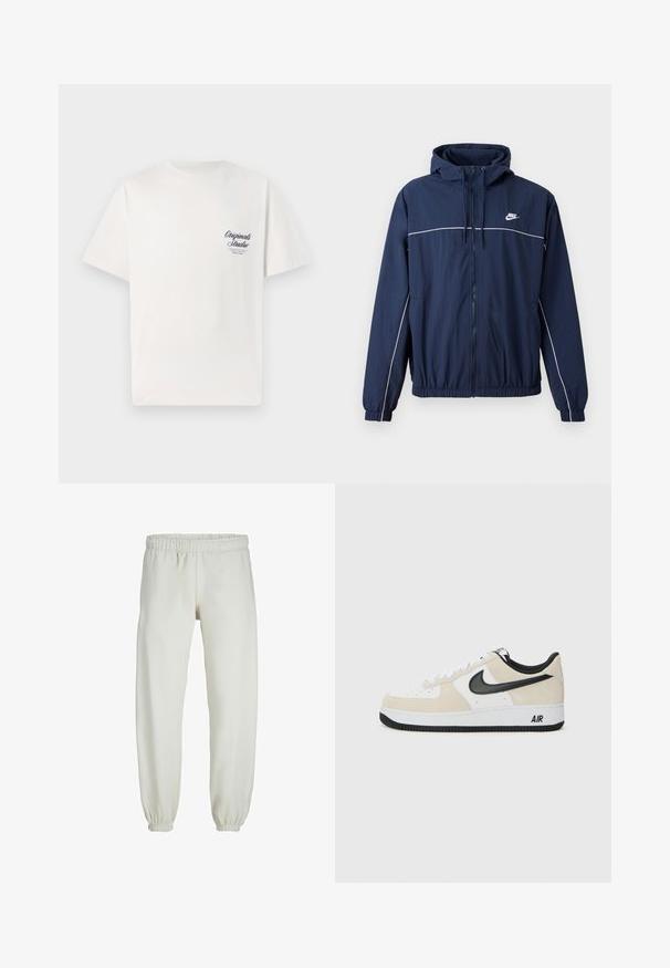 Námořnická modrá bunda s kapucí, bílým kontrastním pruhem, zapínáním na zip, elastickými manžetami a pasem; na hrudi malý logo Nike.; Bílý bavlněný tričko s krátkým rukávem, které má malé tmavě modré tištěné logo na levé části hrudi. Klasický design s kulatým výstřihem.; Bílé tepláky vyrobené z měkkého materiálu, s elastickým pasem a manžetami, s hladkou texturou a volným střihem.; Tenisky s lehkým béžovým semišem a horní částí z bílé kůže, černý Nike swoosh, černé akcenty a bílá gumová podrážka s logem "AIR".