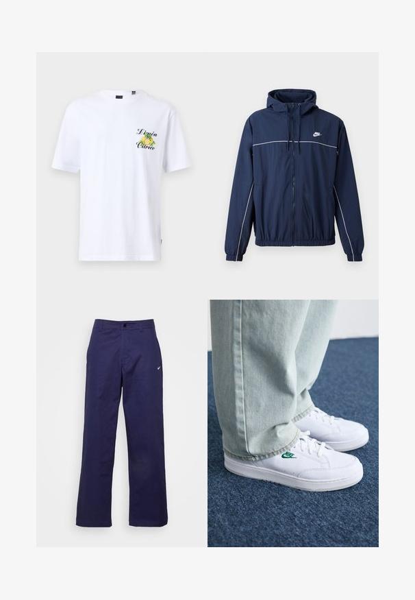 Chaqueta con capucha azul marino con banda de acento blanca, cierre de cremallera, puños y cintura elásticos; presenta un pequeño logo de Nike en el pecho.; Camiseta blanca de algodón con mangas cortas, que presenta un gráfico de limón en verde y amarillo con "Limón Cítrico" impreso en negro en el pecho.; Nike Sportswear PANT - Pantalones - midnight navy/(white); Zapatillas de cuero blanco con logo de Nike verde, puntera redonda, suela plana, combinadas con pantalones de mezclilla azul claro, sobre una alfombra azul.