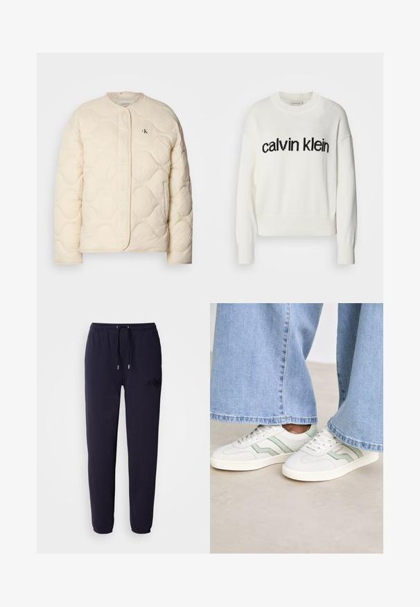 Calvin Klein Jeans INSULATED LINER JACKET - Vinterjakker - fog; Hvid strikket sweater med rund halsudskæring og lange ærmer, med et sort "calvin klein" logo over brystet. Blød tekstur, cropped snit.; Mørkeblå sweatpants lavet af blødt stof, med en elastisk talje og snøre, samt et broderet logo på det ene ben.; Hvide sneakers med lysegrønne accenter, tekstureret læder og flade gummisåler. Parret med bredbenede denimbukser.