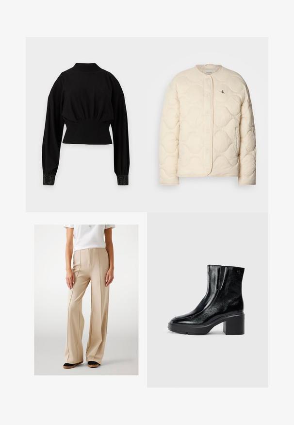Calvin Klein Jeans INSULATED LINER JACKET - Téli dzseki - fog; Fekete, rövidített pulóver hosszú ujjakkal, bordázott nyakkivágással és díszített, texturált mandzsettákkal, puha, rugalmas anyagból készült.; Simító anyagból készült bézs, bőszárú nadrág elülső redőkkel és magas derékkal. Fekete és barna lapos cipővel párosítva.; Fekete lakkbőr bokacsizma ívelt orral, elasztikus oldalpanelek és vastag blokk sarkal. A hátsó részen dombornyomott logó található.