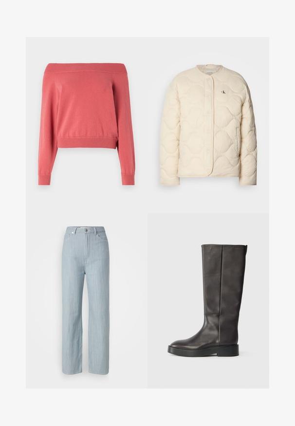 Calvin Klein Jeans INSULATED LINER JACKET - Vinterjakke - fog; Koral off-the-shoulder genser med lange ermer, ribbestrikket hals og ermer, samt en tettsittende midje. Myk, strukturert stoff.; Lys blå rett ben jeans laget av denim. Har fem lommer, en metallknapplukking og subtil slitasje for tekstur.; Svart lærsko med knelange skaft og tykk såle, med en diskret Calvin Klein-logo nær den øverste kanten, vist fra siden.