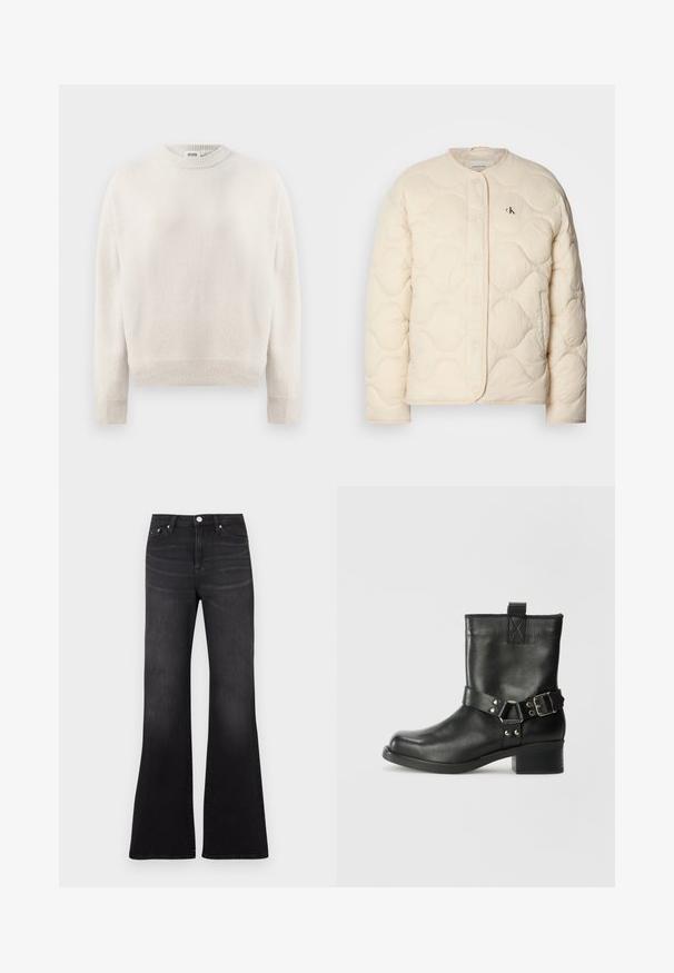 Calvin Klein Jeans - Kurtka zimowa; Sweter w kolorze kremowym, dziergany, z długimi rękawami, prążkowanymi mankietami, dołem i okrągłym dekoltem, oznaczony etykietą "DRYKORN" wewnątrz kołnierza.; Czarne dzwony z denimu, z wysokim stanem, pięcioma kieszeniami i delikatnym przetarciem przy nogawkach.; Samsøe Samsøe SABRENTA czarny