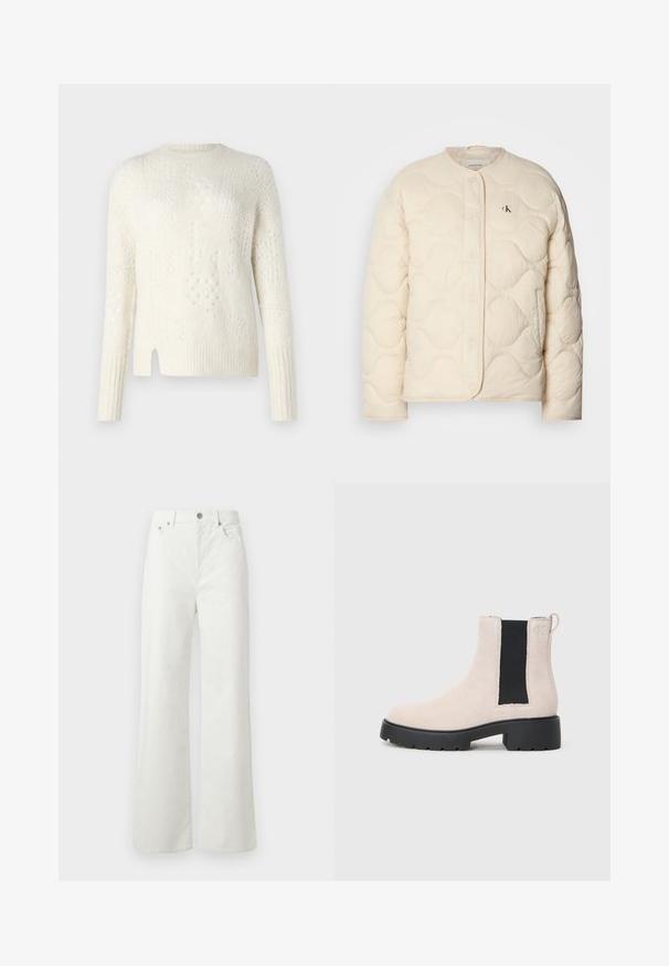 Calvin Klein Jeans INSULATED LINER JACKET - Winterjas - fog; Lichtgewicht, crèmekleurig sweater met textuurpatronen, geribbelde manchetten en een zijsplit. Gemaakt van een zachte, gebreide stof.; Samsøe Samsøe SHELLY - Relaxed fit jeans - clear cream; Beige suède Chelsea-boot met zwarte elastische zijpaneel, robuuste zwarte zool en een trekhaak bij de enkel.