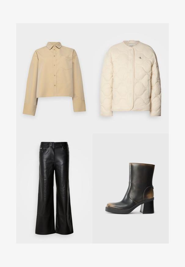 Calvin Klein Jeans INSULATED LINER JACKET - Zimní bunda - fog; Kratší béžová košile vyrobená z bavlněné směsi, s špičatým límcem, zapínáním na knoflíky a malou náprsní kapsou s vyšívaným logem.; Černé kožené kalhoty se širokými nohavicemi a hladkou texturou, s předním zapínáním na knoflík, dvěma bočními kapsami a minimálními švy.; Černá kožená kotníková bota s lesklým povrchem, zaoblenou špičkou, kontrastními hnědými akcenty, blokovým podpatkem a detailem bočního zipu.