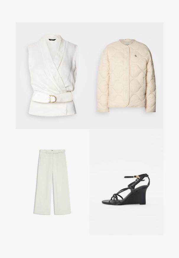 Calvin Klein Jeans INSULATED LINER JACKET - Veste d'hiver - fog; Blouse blanche sans manches avec un design croisé et une taille ceinturée. Présente une texture lisse et un accent en boucle circulaire dorée.; Pantalons à jambes larges en tissu crème clair, dotés de poches latérales, d'un devant plat et d'une fermeture à un bouton à la taille. Texture lisse.; Sandales en wedge noires avec de fines lanières croisées et une sangle de cheville réglable avec une boucle dorée. Finition en cuir lisse.