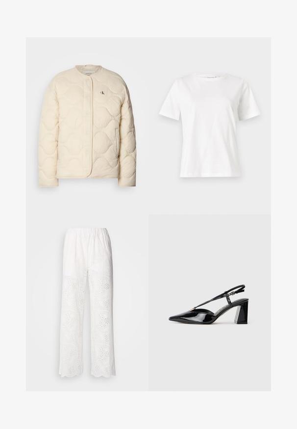 Calvin Klein Jeans INSULATED LINER JACKET - Vinterjacka - fog; Vit bomullströja med korta ärmar, rund halsringning och en avslappnad passform. Slät textur, inga mönster eller detaljer, minimalistisk design.; Vita bomullsbyxor med en fläktad fåll, prydda med ögonletmönster och en avslappnad passform, designade med ett elastiskt midjeband för komfort.; Svarta patenterade läder slingback högklackade skor med spetsig tå, justerbar rem och kraftig rektangulär klack.
