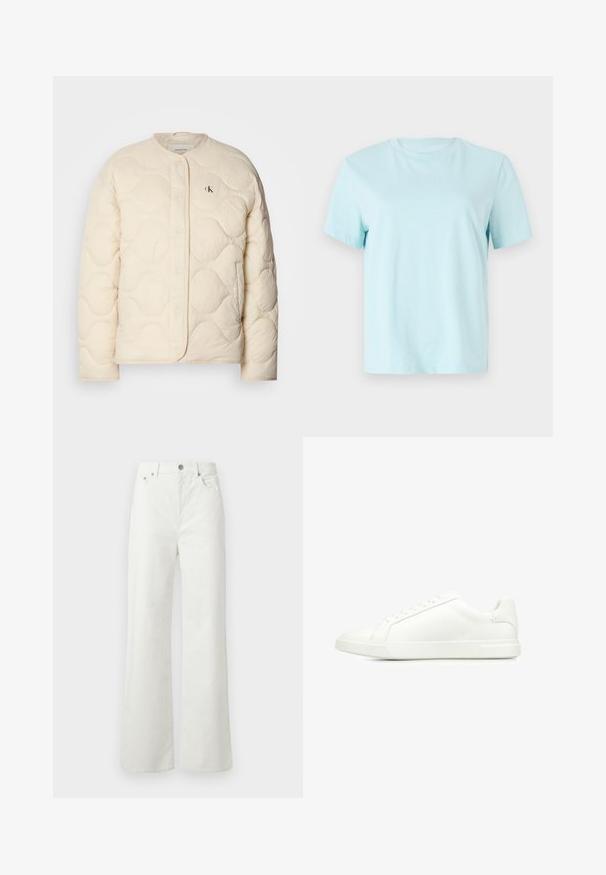Calvin Klein Jeans - Kurtka zimowa; Jasnoniebieska bawełniana koszulka z krótkim rękawem, okrągłym dekoltem i subtelnym haftowanym logo 'Calvin Klein' z przodu.; Samsøe Samsøe SHELLY mleczny; Białe skórzane sneakersy mają gładką powierzchnię, niski profil, okrągły czubek oraz sześć oczek do sznurowania. Minimalistyczny styl.