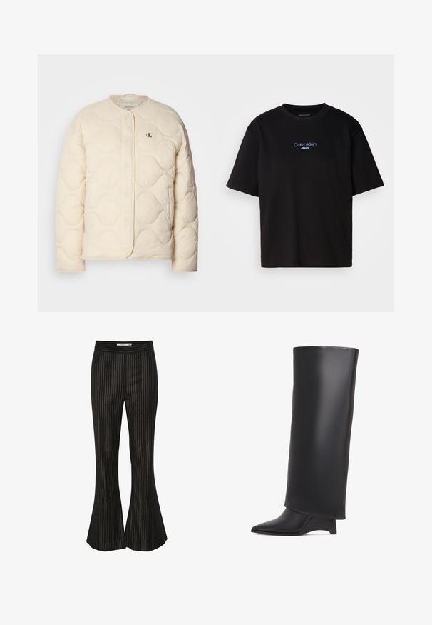 Calvin Klein Jeans INSULATED LINER JACKET - Veste d'hiver - fog; T-shirt en coton noir avec un col rond, des manches courtes et un logo brodé bleu "Calvin Klein JEANS" sur le devant.; Pantalon noir évasé avec des rayures verticales blanches, présentant une texture lisse et une taille ajustée, conçu pour un fit sur mesure.; Botte noire haute jusqu'aux genoux en cuir lisse, avec un bout pointu et un talon triangulaire. Conçue avec une tige lisse et élégante.