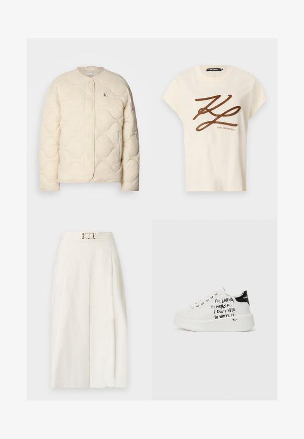 Calvin Klein Jeans INSULATED LINER JACKET - Winterjacke - fog; Cremfarbener Baumwoll-T-Shirt mit kurzen Ärmeln, mit einem braunen gestickten Logo und Schriftzug auf der Vorderseite.; Weite Hose aus weißem Baumwollstoff. Mit hoher Taille, einem Vorderfalten und einem metallischen Gürtelschnalle-Detail. Glatte Textur.; Weiße Plattform-Sneaker mit schwarzen Akzenten, ausgestattet mit einer strukturierten Sohle und handgeschriebenem Text an den Seiten. Hergestellt aus glattem Leder.
