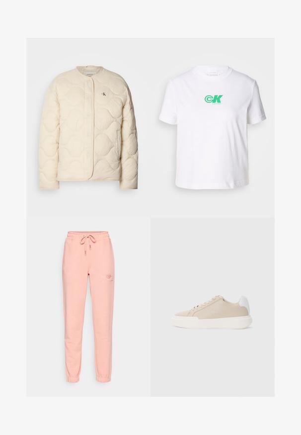 Calvin Klein Jeans - Kurtka zimowa; Biała bawełniana koszulka z okrągłym dekoltem i krótkimi rękawami, z zielonym logo Calvin Klein z przodu. Klasyczny, prosty krój.; GANT - Spodnie treningowe; Beżowe skórzane sneakersy z białym akcentem z tyłu, płaską białą podeszwą oraz tonowym przeszyciem z detalem logo na boku.